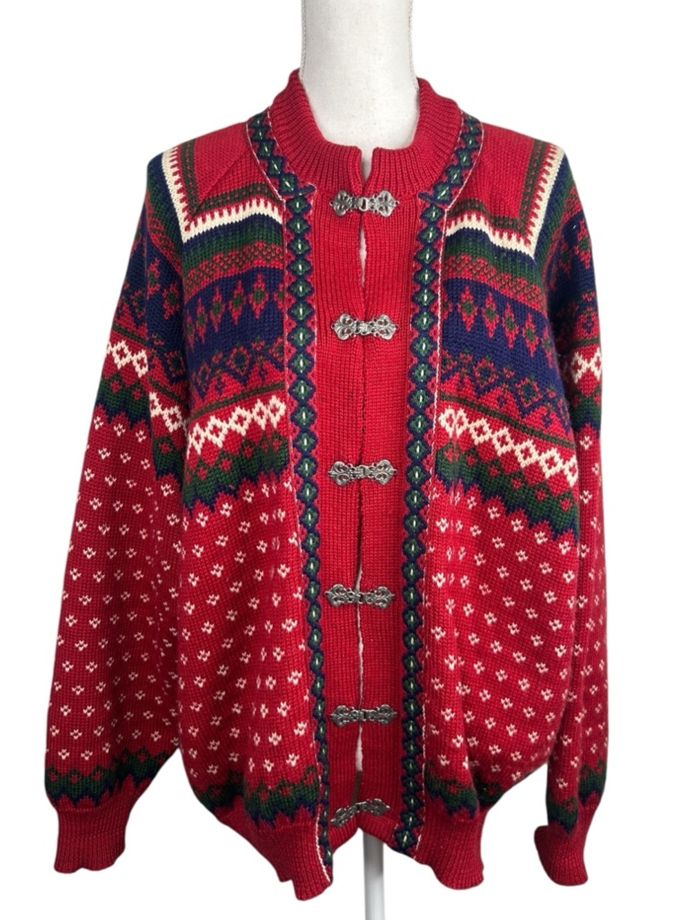 Nordstrikk Made in Norway Fair Isle 100% Wool Metal Clasp Cardigan Sweater XL